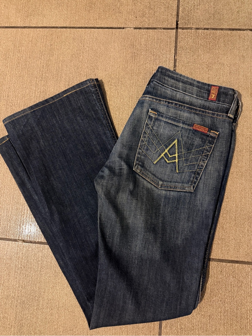 7 For All Mankind Women's Indigo Bootcut Jeans with Yellow Pocket Stitch